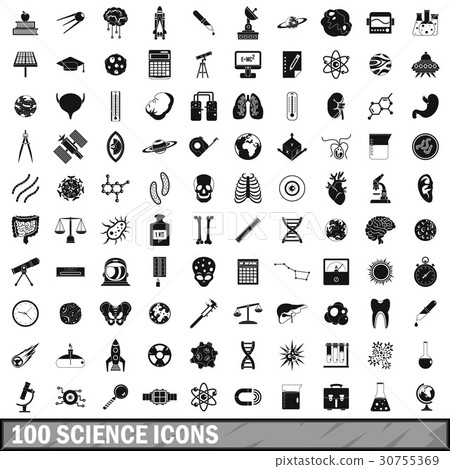 100 science icons set, simple style 30755369