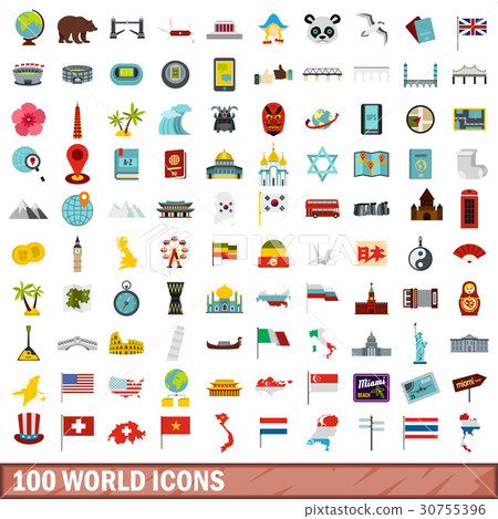 100 world icons set, flat style 100 world icons set, flat style 30755396