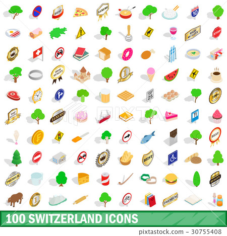 100 switzerland icons set, isometric 3d style 30755408