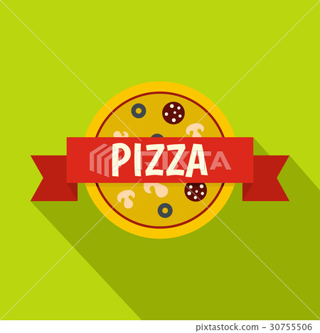 Pizza badge with red ribbon icon, flat style Pizza badge with red ribbon icon, flat style 30755506