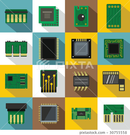 Computer chips icons set, flat style - Stock Illustration [30755558 ...