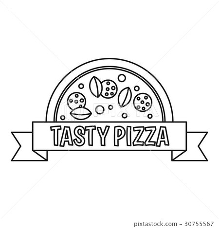 圖庫插圖: tasty pizza badge with ribbon icon, outline style