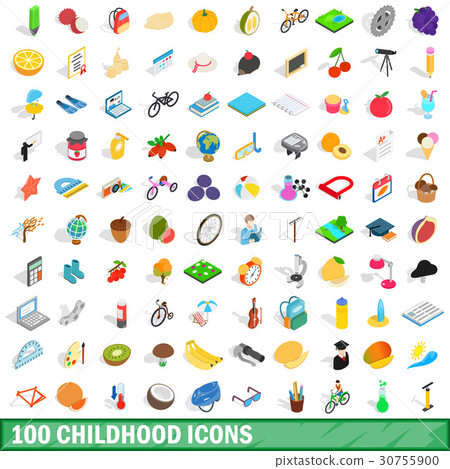 100 childhood icons set, isometric 3d style 30755900