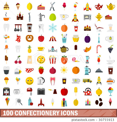100 confectionery icons set, flat style 100 confectionery icons set, flat style 30755913