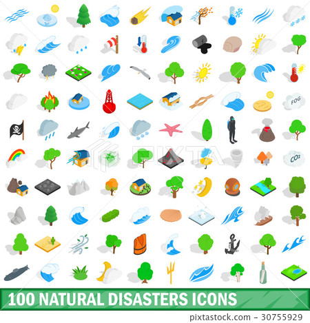 100 natural disasters icons set, isometric style 30755929