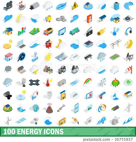 100 energy icons set, isometric 3d style 30755937