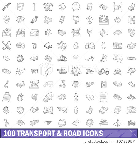 100 transport and roads icons set, outline style 100 transport and roads icons set, outline style 30755997