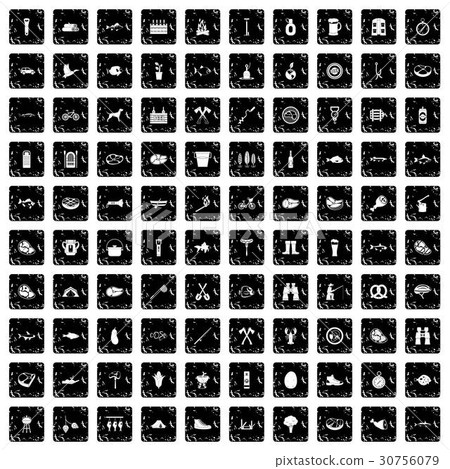 100 BBQ icons set, grunge style 100 BBQ icons set, grunge style 30756079