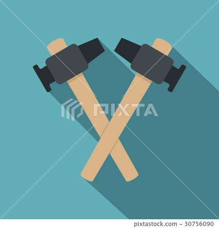 Crossed blacksmith hammer icon, flat style 30756090