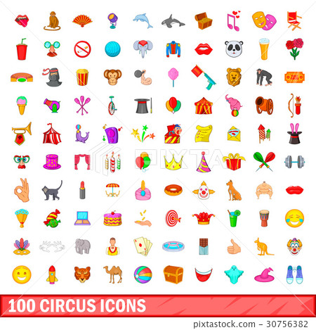 100 circus icons set, cartoon style 30756382