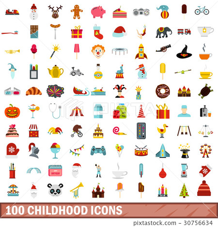 100 childhood icons set, flat style 30756634
