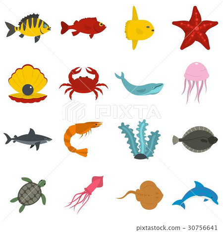 Sea animals icons set in flat style Sea animals icons set in flat style 30756641