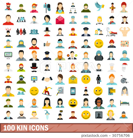 100 kin icons set, flat style 30756706