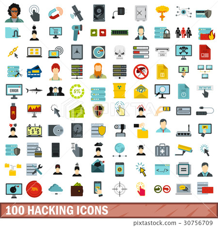 100 hacking icons set, flat style 100 hacking icons set, flat style 30756709