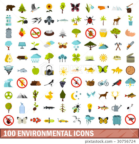 100 environmental icons set, flat style 100 environmental icons set, flat style 30756724