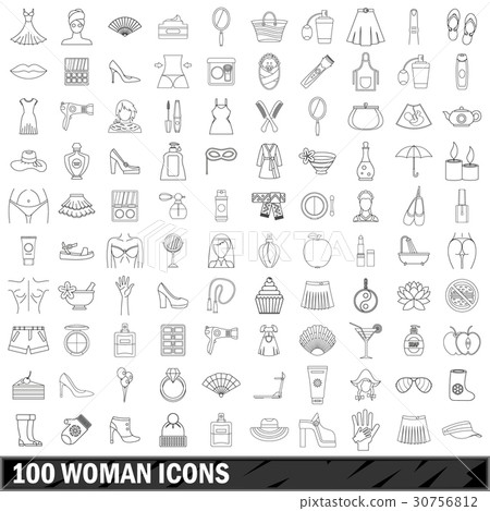 100 woman icons set, outline style 100 woman icons set, outline style 30756812