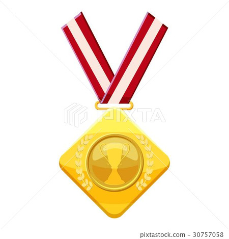 Gold medal with red ribbon icon, cartoon style 30757058
