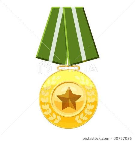Medal with green ribbon icon, cartoon style 30757086
