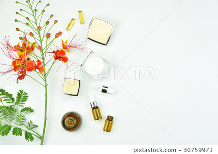 Cosmetic bottle containers with herbal leaves. Cosmetic bottle containers with herbal leaves. 30759971
