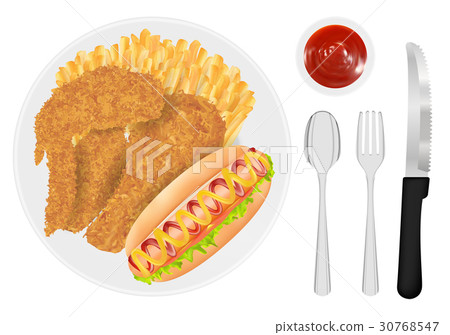 fried chicken french fries and hot dog sausage on  30768547