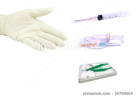 Injured painful hand with white gauze Wound Kit 30769804