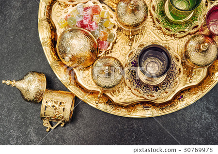 Golden tea table decoration Arabic delight vintage 30769978
