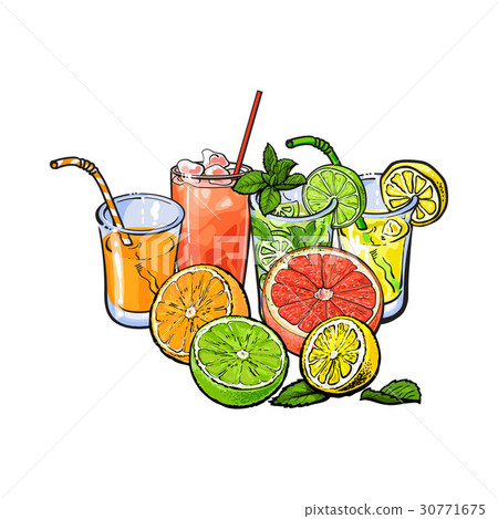 Orange, grapefruit, lime, lemon juice and fruit 30771675