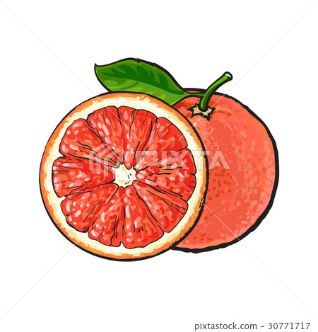 Whole and half unpeeled ripe pink grapefruit 30771717