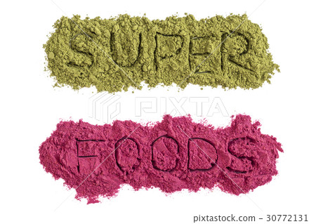 Superfoods word with powders isolated on white Superfoods word with powders isolated on white 30772131