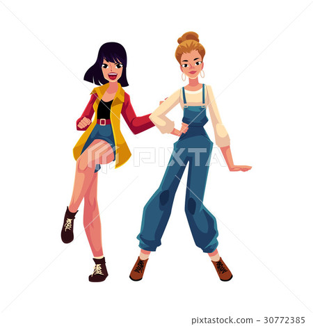 Two girls, women, friends dancing at 90s retro Two girls, women, friends dancing at 90s retro 30772385