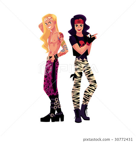 Two men dressed as glam rock stars, long hair Two men dressed as glam rock stars, long hair 30772431