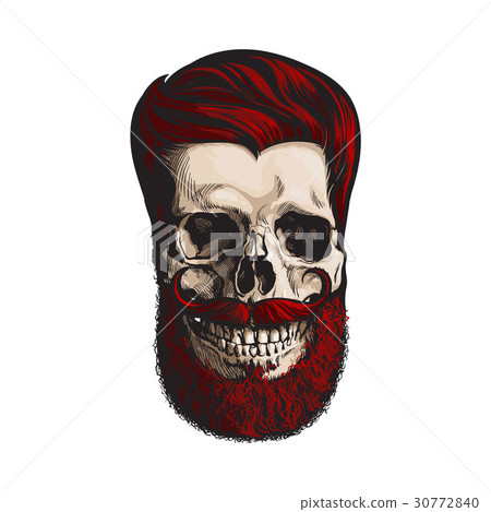 Hand drawn human skull with hipster red hairdo 30772840