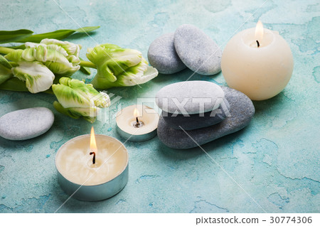 Stones SPA treatment composition with lit candles Stones SPA treatment composition with lit candles 30774306