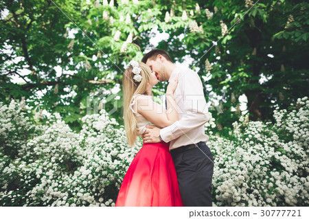 Stylish beautiful happy wedding couple kissing and 30777721