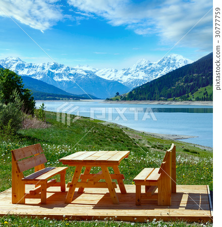 Reschensee summer landscape (Italy). 30777759