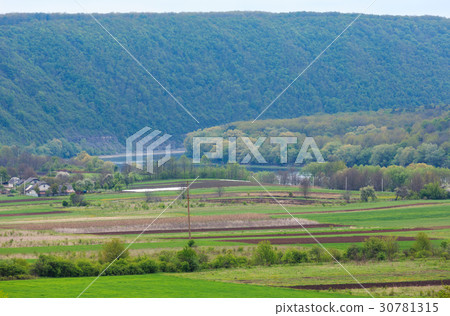 Spring Dnister river and village Spring Dnister river and village 30781315