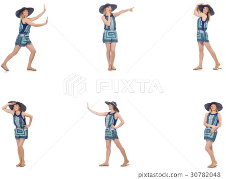 Collage of woman with panama hat isolated on white Collage of woman with panama hat isolated on white 30782048