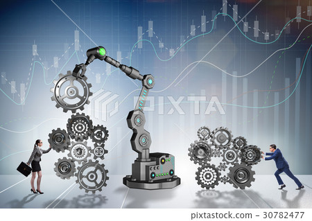 Businesspeople with cogwheel and robotic arm Businesspeople with cogwheel and robotic arm 30782477