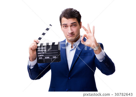 Handsome man with movie clapper isolated on white 30782643