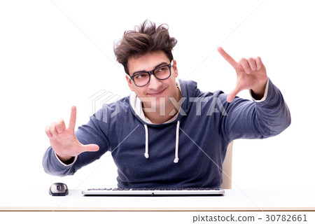 Funny nerd man working on computer isolated on Funny nerd man working on computer isolated on 30782661