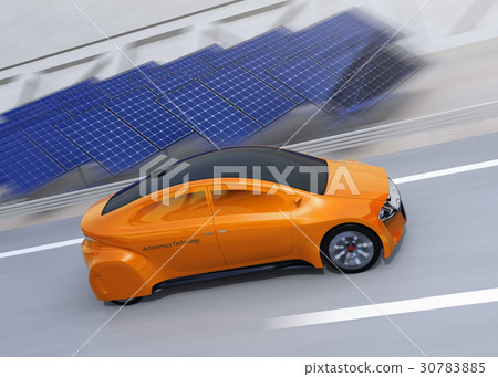 Automatic driving electric car running on highway. Photovoltaic cells are installed on the road side 30783885