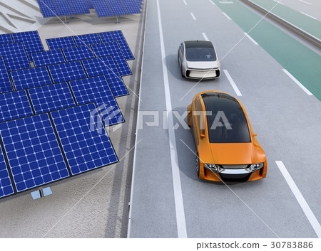 Automatic driving electric car running on highway. Photovoltaic cells are installed on the road side 30783886