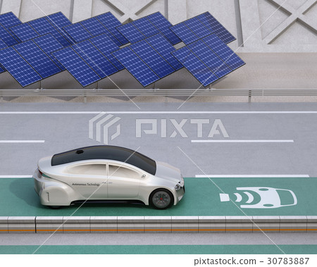 Automatic driving electric car running on non-contact charging lane. Photovoltaic cells are installed on the road side 30783887