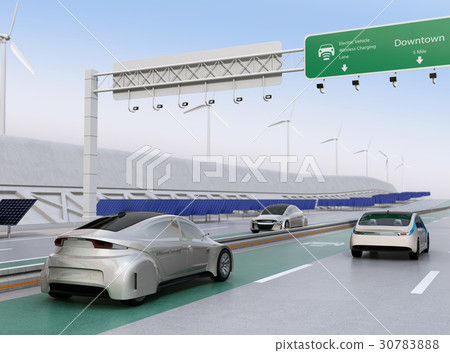 Electric car running on highway noncontact charging priority lane. Sunlight and wind power generation facilities are installed on the road side 30783888