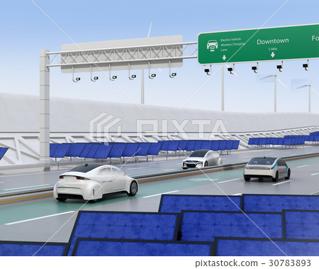 運行在高速公路非接觸充電優先車道的電車。在路邊安裝了陽光和風力發電設施 運行在高速公路非接觸充電優先車道的電車。在路邊安裝了陽光和風力發電設施 30783893