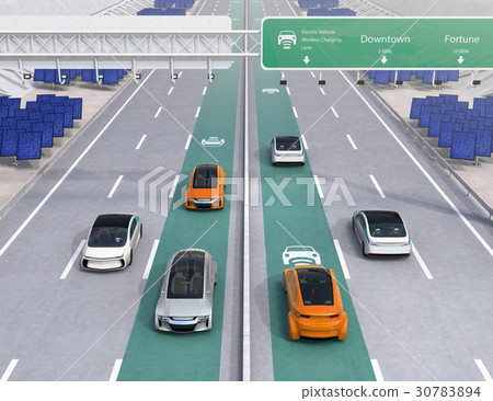 運行在高速公路非接觸充電優先車道的電車。太陽能發電設施安裝在路邊 運行在高速公路非接觸充電優先車道的電車。太陽能發電設施安裝在路邊 30783894