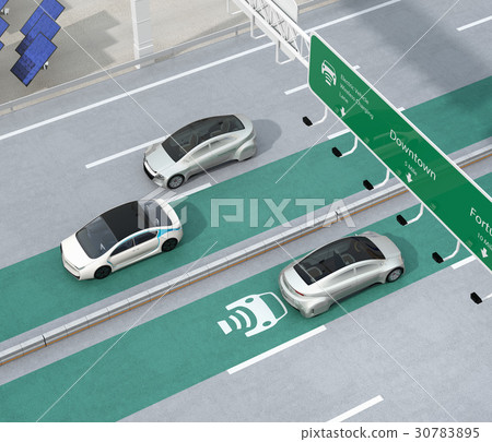 Electric car running on highway noncontact charging priority lane. Solar power generation facilities are installed on the road side 30783895
