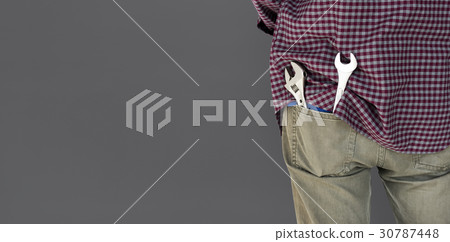 Man Wrench Tools Plaid Shirt Jeans Studio 30787448
