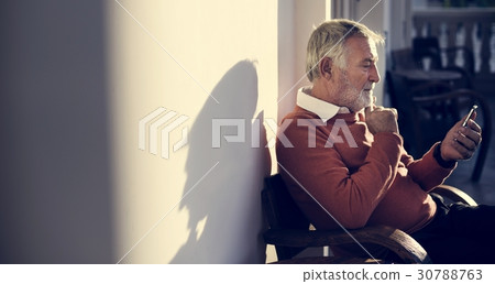 Senior Man Sit Thoughful Hands Hold Mobile 30788763