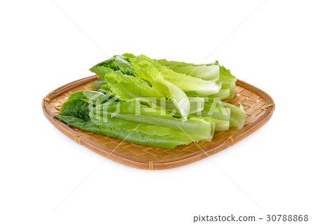 fresh green cos in bamboo tray on white background fresh green cos in bamboo tray on white background 30788868